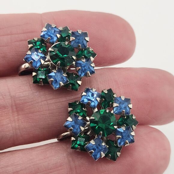 Vintage Earring .75" Cottagecore Blue & Green Layered Stacked Rhinestone Cluster - Picture 1 of 5